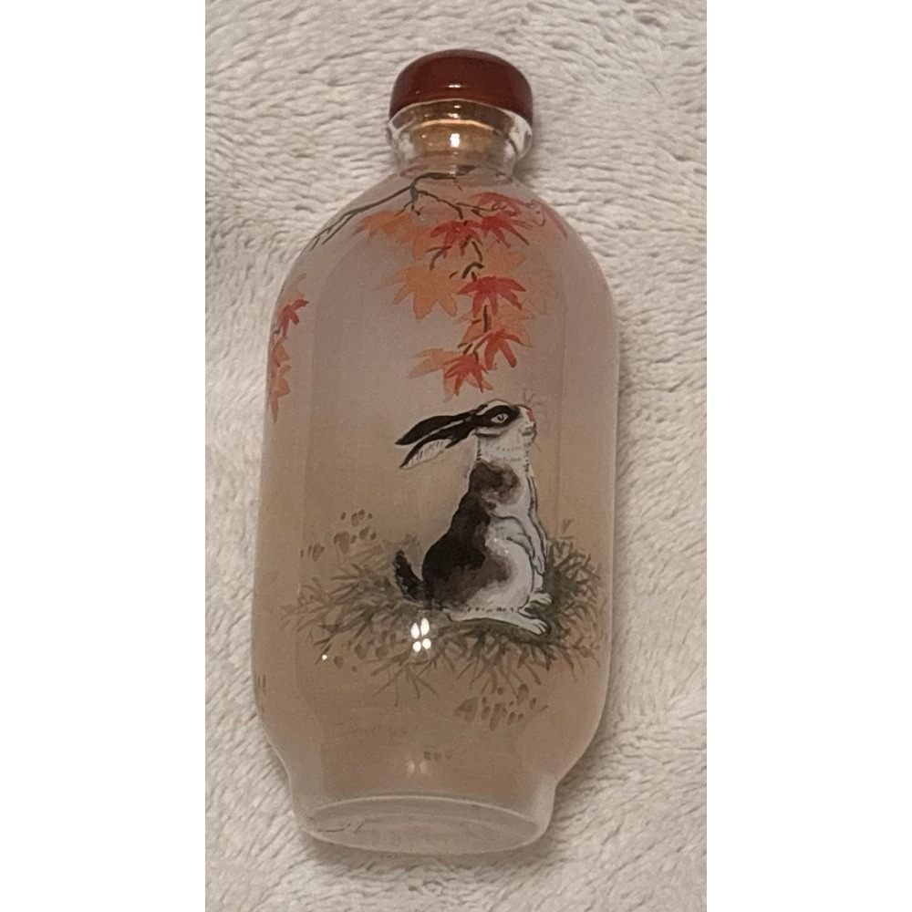 VTG Chinese Reverse Inside Hand Painted Rabbit MapleLeaf Glass Snuff Bottle READ